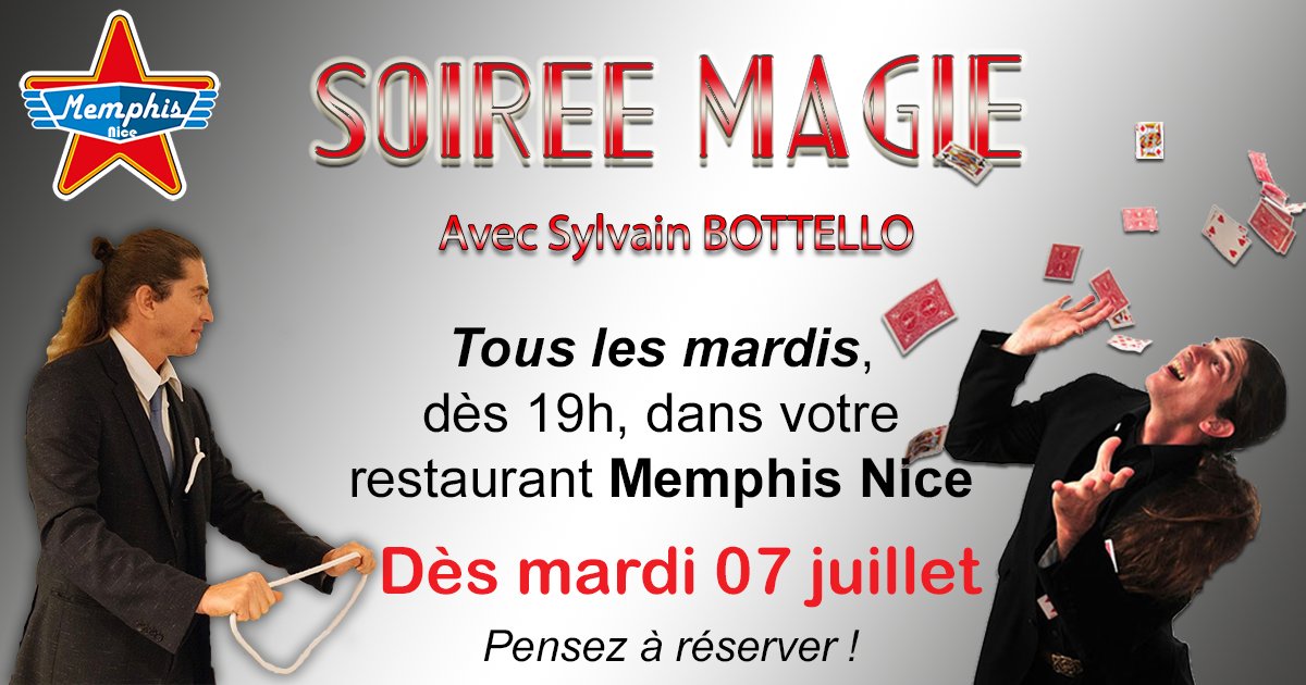 MemphisNice's tweet photo. N'oubliez pas votre soirée #magie !! Mardi 7 juillet dès 19h dans votre #MemphisNice.
Pas de coût supplémentaire pour les clients du restaurant 😉
Pensez à réserver ! 😊 https://t.co/6biJErI8UZ