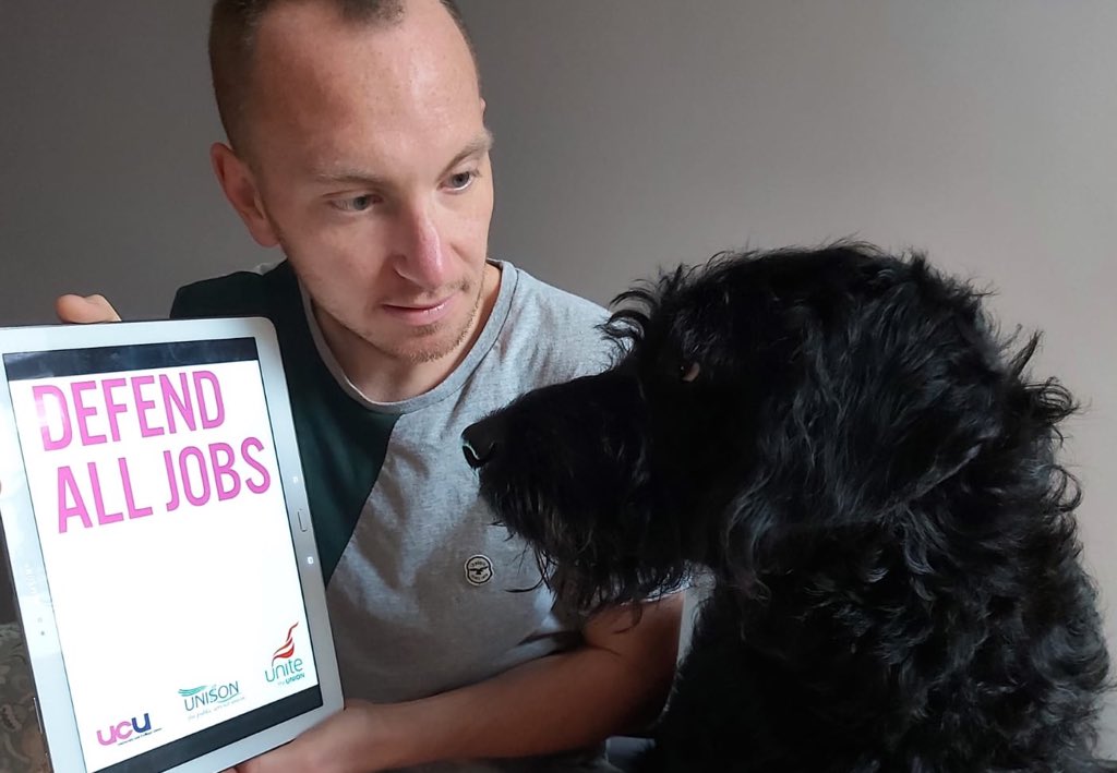 Will_McGowan37's tweet photo. See @LivUni, it's perfectly easy to understand, just listen to this guy: DEFEND. ALL. JOBS. That's the kind of uni he'd want to study at. Not one that rips its students off and mistreats its wonderful staff. #LivUniOpenDay #DefendAllJobs https://t.co/C2amo2DdSe