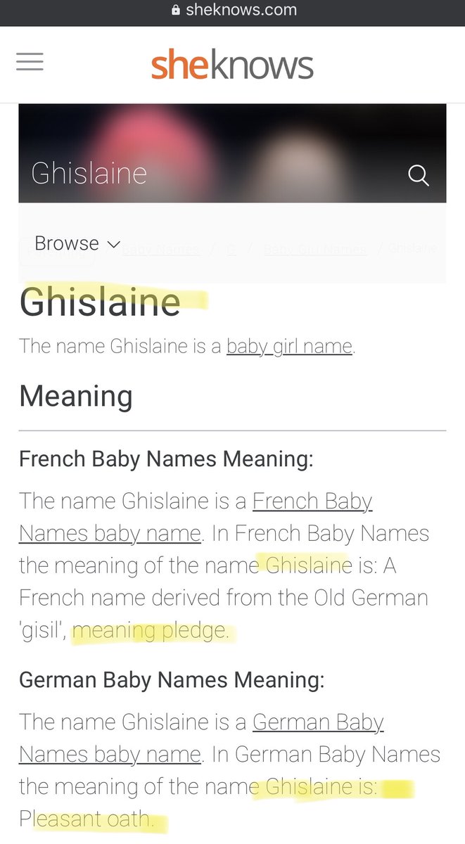 Guess what the name Ghislaine means? Ghislaine is: A French name derived from the Old German 'gisil', meaning PLEDGE. In German Baby Names the meaning of the name Ghislaine is: Pleasant OATH.  #TakeTheOath ?