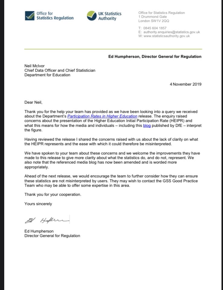 The Statistics Authority have been taking the DfE to task about the widespread misinterpretation of HEIPR in the media (and even among DfE policymakers), with two letters in the last 8 months https://www.statisticsauthority.gov.uk/correspondence/ed-humpherson-to-neil-mcivor-dfe-regarding-the-higher-education-initial-participation-rate-heipr/