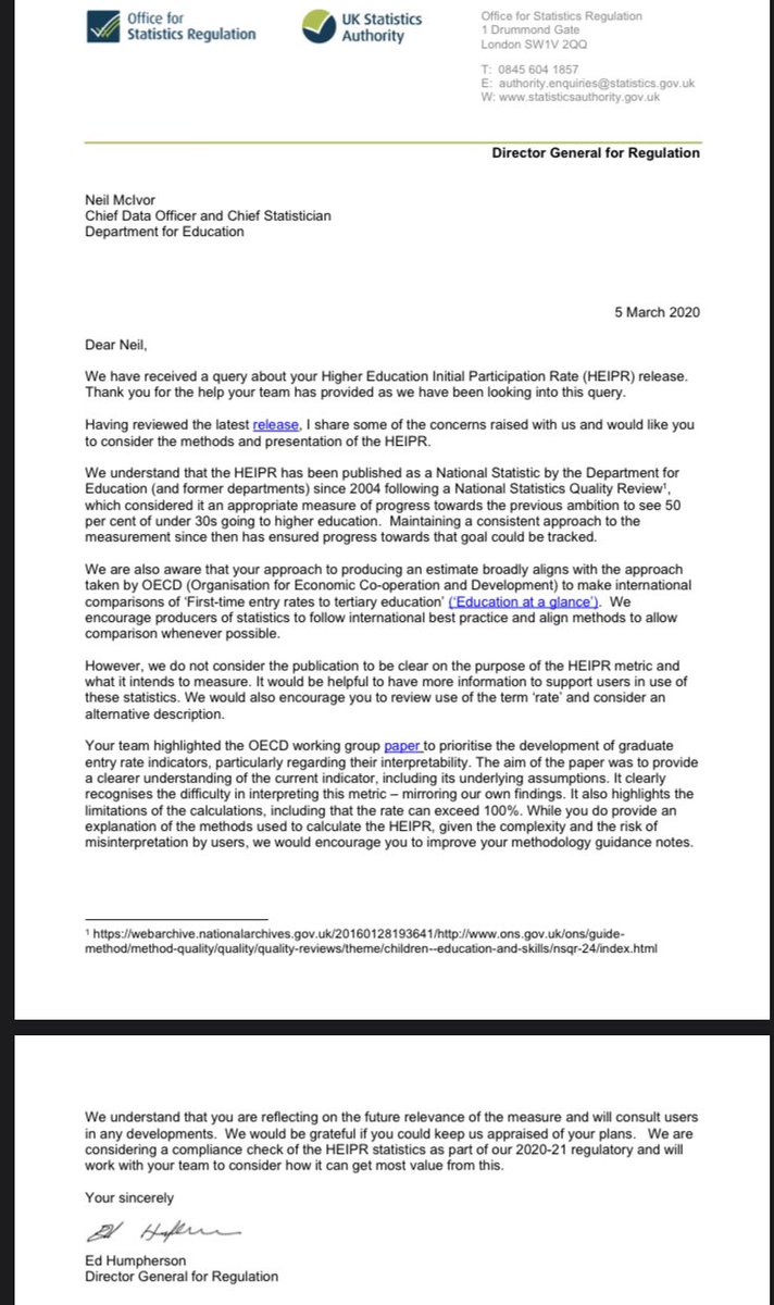 The Statistics Authority have been taking the DfE to task about the widespread misinterpretation of HEIPR in the media (and even among DfE policymakers), with two letters in the last 8 months https://www.statisticsauthority.gov.uk/correspondence/ed-humpherson-to-neil-mcivor-dfe-regarding-the-higher-education-initial-participation-rate-heipr/