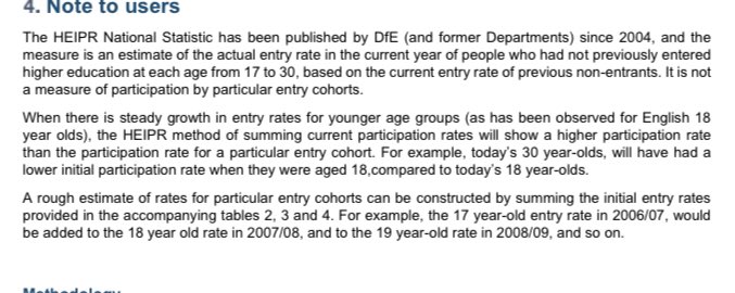 This led to DfE amending the statistical release to clarify: “HEIPR is an estimate of the likelihood of a young person participating in HE by age 30 based on current participation rates. It is not a measure of participation by particular entry cohorts” https://assets.publishing.service.gov.uk/government/uploads/system/uploads/attachment_data/file/843542/Publication_HEIPR1718.pdf