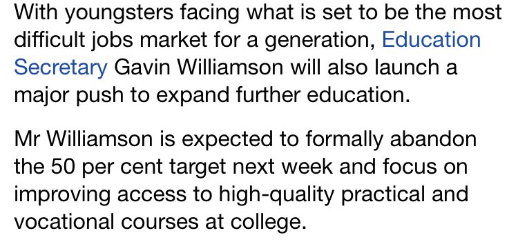 Third, the 50% target includes young people doing higher technical qualifications at Level 4/5 in FE colleges.It is only inconsistent with “improving access to high-quality practical and vocational courses at college” if these will be at Level 3 (A-level equivalent) or below