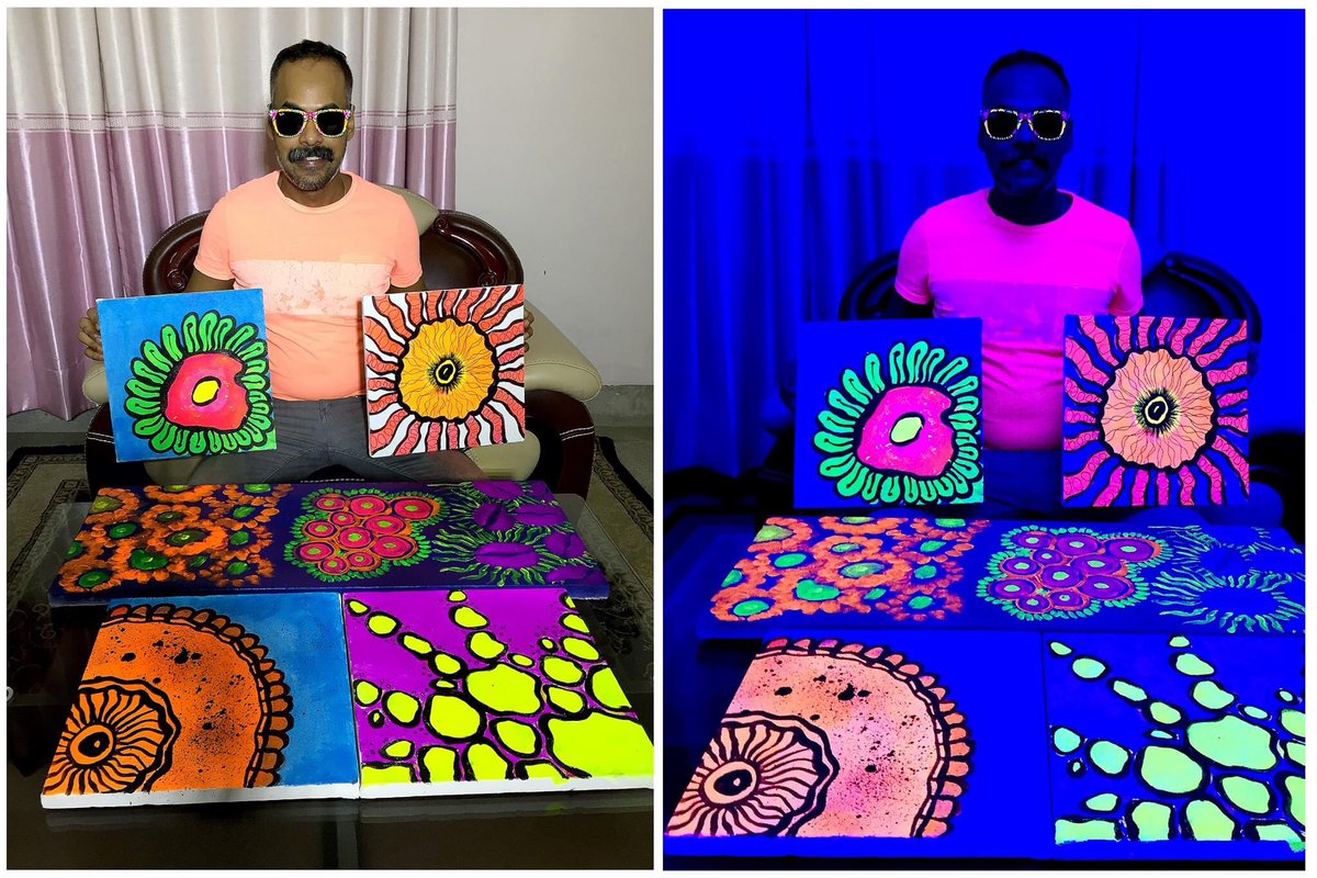 Rokib_visualart's tweet image. Drew on canvas after a long time 
#uvlight #florescentcolor #painting