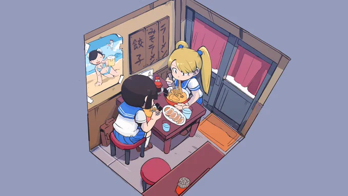 ラーメン食べてるミカとナデシコ 