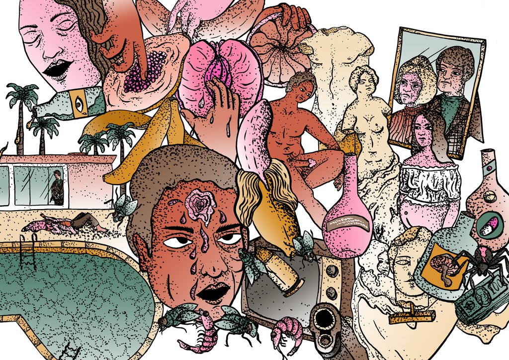 ambitmagazine's tweet photo. "This triptych was based on 'Trip Tick' in Ambit 35. The short story follows a psychedelics fuelled descriptive word flow about their ex-wives, which I shaped into a visual narrative over 3 images."- #JulianaFutter. #Ambit35 is currently half price: https://t.co/hB3KDa5n9Y https://t.co/dZXBRIfDFT