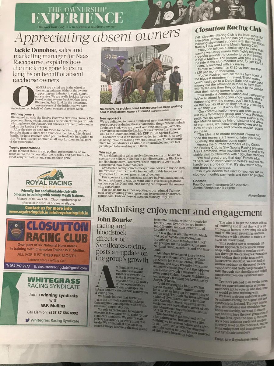Johnny_Bourke's tweet photo. “Through interactive, educational and affordable racehorse ownership we want to encourage and nurture the next generation of racing fans”
Big thanks to @TheIrishField for my piece on @SyndicatesHQ on the morning of our first race sponsorship @NaasRacecourse #ShareInTheFun https://t.co/uZ8xUtwxvw
