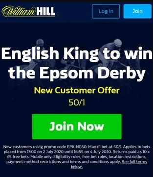 RacingInsider__'s tweet image. 👑💷HUGE ENGLISH KING DERBY PRICE BOOST💷👑

🏇 Get 50/1 English King to win the Derby today when you join William Hill! 👇

➡️ bit.ly/Englishking50-1

📲 Use promo code EPKING50

#TheDerby #Derby2020 🔞 18+, T&amp;amp;Cs apply. New customer offer. BeGambleAware.