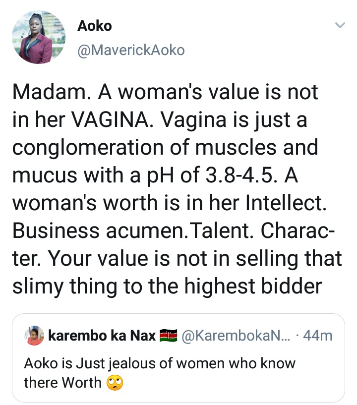 abuga_makori's tweet photo. This lady, Aoko Otieno, is just in another world. She fires missiles which nobody can easily counter. Slyqueens and fraudsters using their thighs to blackmail men have scampered for their safety. Pole Sana Sly Queens, we've got your antidote. https://t.co/AwJpAXxK72