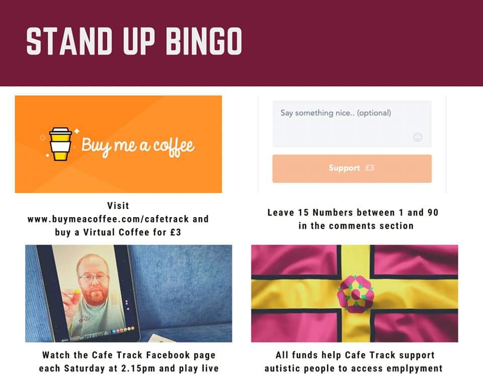 It is #standupbingo day!! Come and join the fun. Just four hours until Kick Off buymeacoffee.com/cafetrack Made in Northampton played around the World