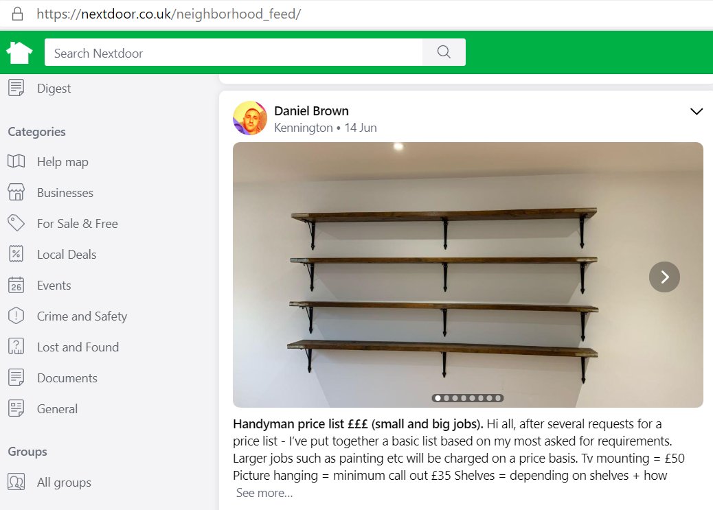 More use is made of local trades people, found through neighbourhood recommendation and local online forums  https://nextdoor.co.uk/neighborhood_feed/