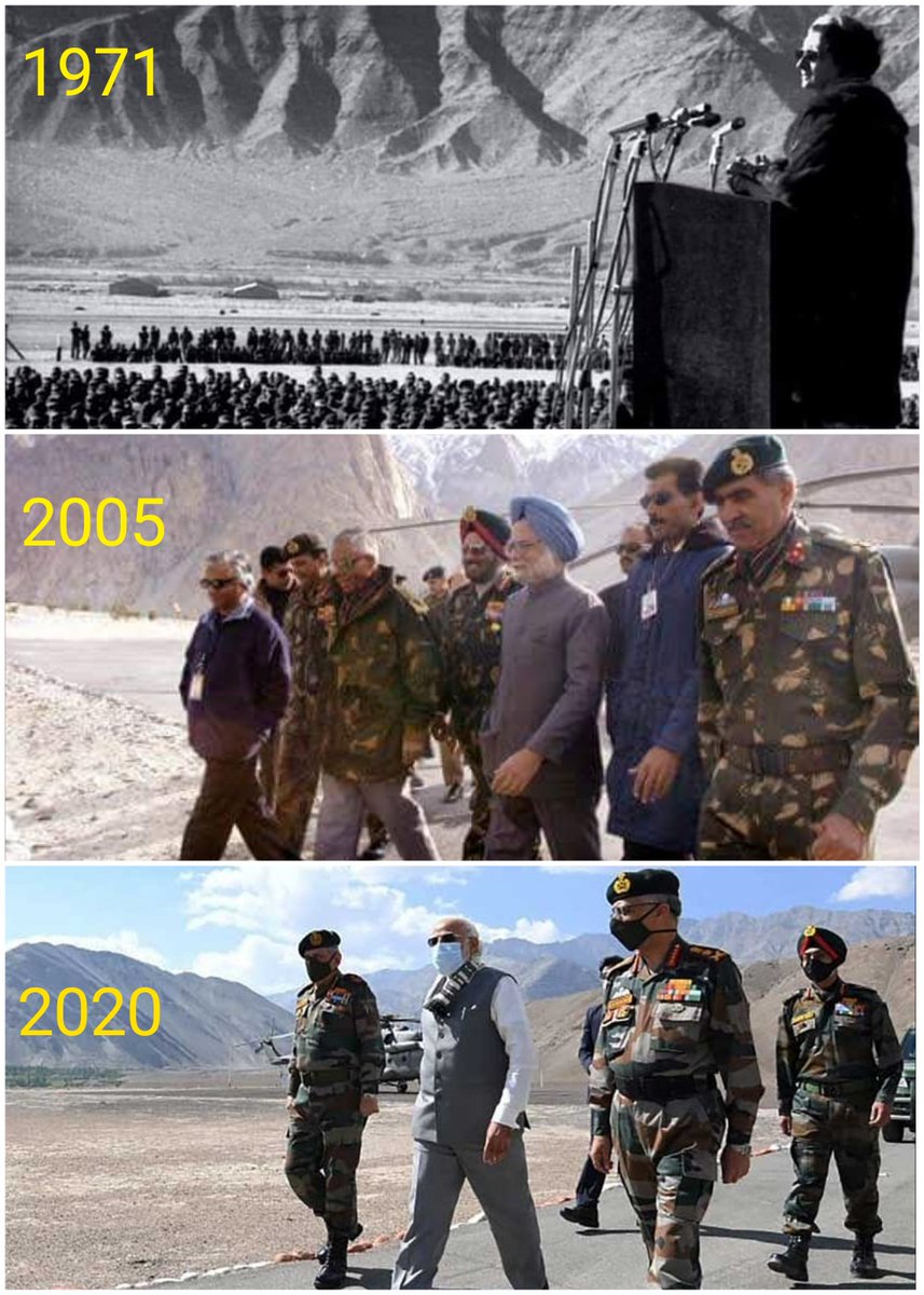 1971: PM IndiraGandhi in Leh before slicing Pakistan into two. theweek.in/news/india/202…
2005: PM Manmohan Singh on 1st visit to Siachen by a PrimeMinister. India still holds the glacier. archivepmo.nic.in/drmanmohansing…
2020: what can India expect? Decisive action/retaining territory?🇮🇳