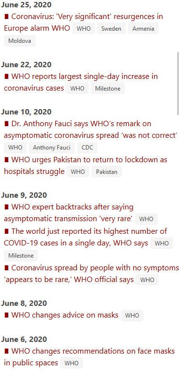 June saw WHO change its advisory on masks after months of saying only people who were infected should wear the masks. Additionally, a spokesperson said that the asymptomatic spread seems to be rare - which they backtracked on next day.