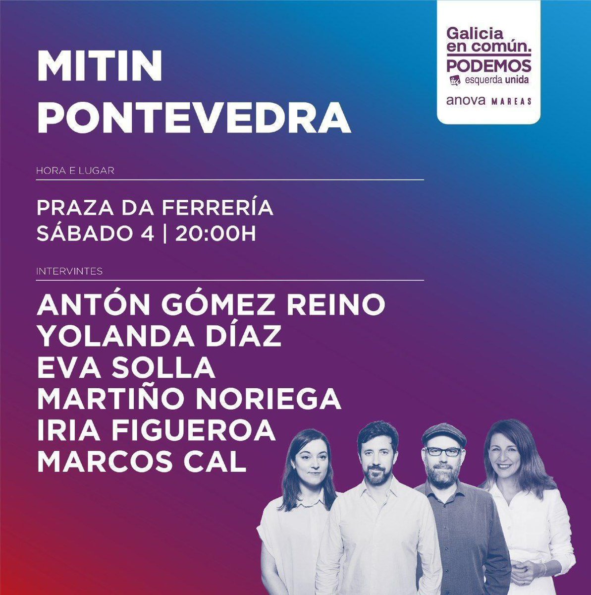 🚗 Esta tarde, ás 20.00h, vémonos na Praza da Ferrería en Pontevedra con @AntonGomezReino, @eva_solla, @martinhonoriega, @iria_figueroa e @marcoscal_. Seguimos percorrendo as cidades galegas para sumar forza, ilusión e construír a Galicia que vén. #ÉoMomento!