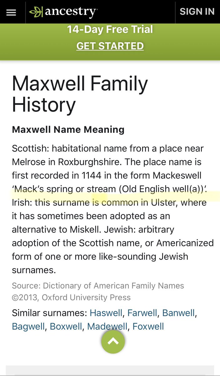 Q asks Alison Mack? I think it could be Ghislaine Maxwell.Mack?Maxwell Name MeaningScottish: name from a place near Melrose in Roxburghshire. The place name is first recorded in 1144 in the form Mackeswell ‘Mack’s spring or stream (Old English well(a))’. IrishSinging.