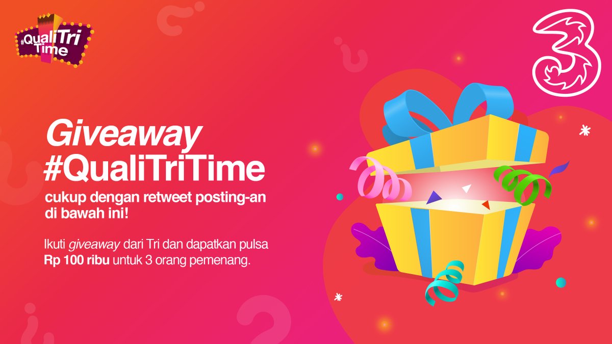 KUY, SAATNYA GIVEAWAY!!!

Ada pulsa Tri masing-masing 100rb untuk 3 orang beruntung nih. Caranya gampang banget tinggal retweet dan comment tweet dibawah ini terus tambahin hashtag #AlwaysOn &amp; #QualiTriTime! 

Mention 3 temen kalian juga ya! Takis!

s&amp;k :  tri.co.id/qualitritime
