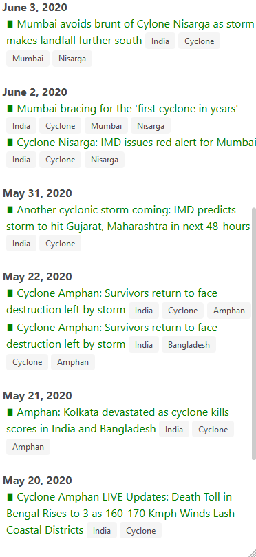 PART 4: Climate Cyclones:  https://vibhurishi.pythonanywhere.com/Climate/cyclone/ Large parts of India bore the brunt of two cyclones even as the country struggled with Coronavirus - Amphan and Nisarga