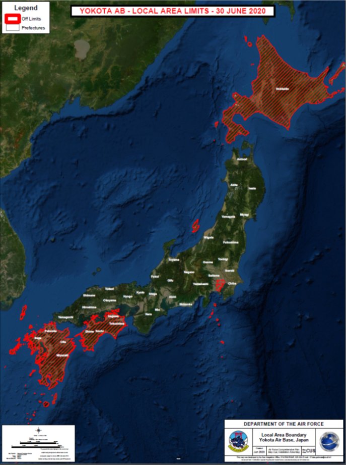 この判断の結果、『東京首都圏および横浜首都圏』だけでなく、図が示す通り、北海道、四国、九州と、一部の島嶼部も「地域の外」であると判断された。それが"Off Limits"（立入禁止）とされた”locations prohibited"（立ち入りが禁止される場所）である。