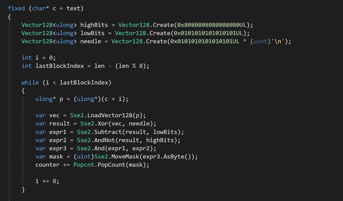 badamczewski01's tweet image. Counting new lines in a string using "has zero-byte" bit hack implemented as SIMD:
(this is by no means the most efficient way to do it, but it shows how to do bit hacks using intrinsic's)
#dataorienteddesign #dotnet #performance