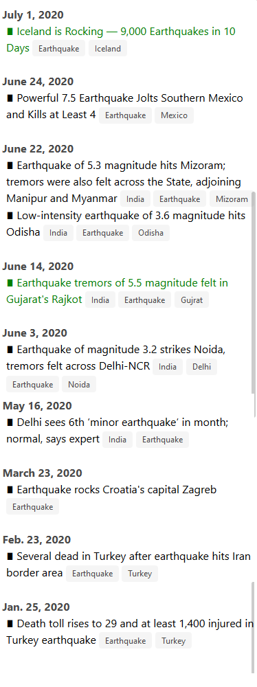Earthquakes :  https://vibhurishi.pythonanywhere.com/all/earthquake/ The earth seems to be rumbling quite a bit. Turkey had a major earthquake at the start of the year. India has had many minor earthquakes rock a few cities, particularly the capital Delhi.