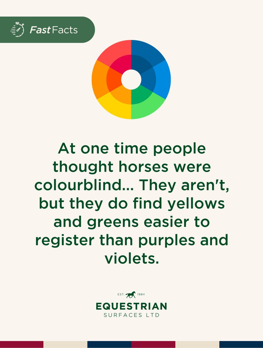 ESurfaces's tweet image. It's time for another #FastFact! 

Did you know that at one point people thought that horses were colourblind! They aren't however, but do find yellows and greens easier to register than purples and violets!

#horses #facttime #horsefact #funfact #generalknowledge