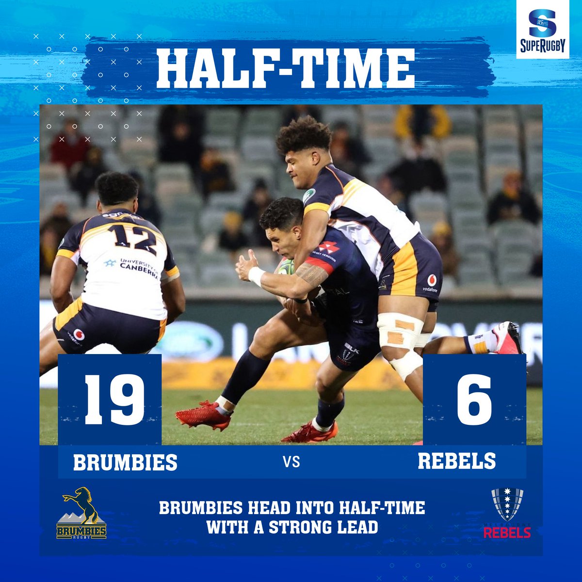 HALF TIME | BRUMBIES VS REBELS A bonus-point half for the Brumbies. Can the Rebels mount a comeback? #SuperRugby25Years #SuperRugbyAU #BRUvREB