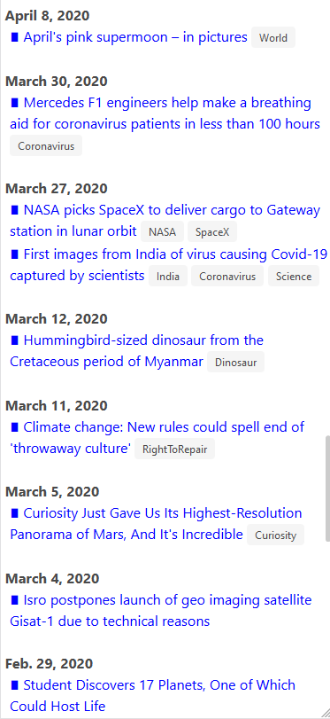 Part 5 : SCIENCE  https://vibhurishi.pythonanywhere.com/Science/  Science discovered many new dinosaur species - from the size of allosaurus in Utah to hummingbird sized one in Myanmar. April gave us a pink Supermoon !