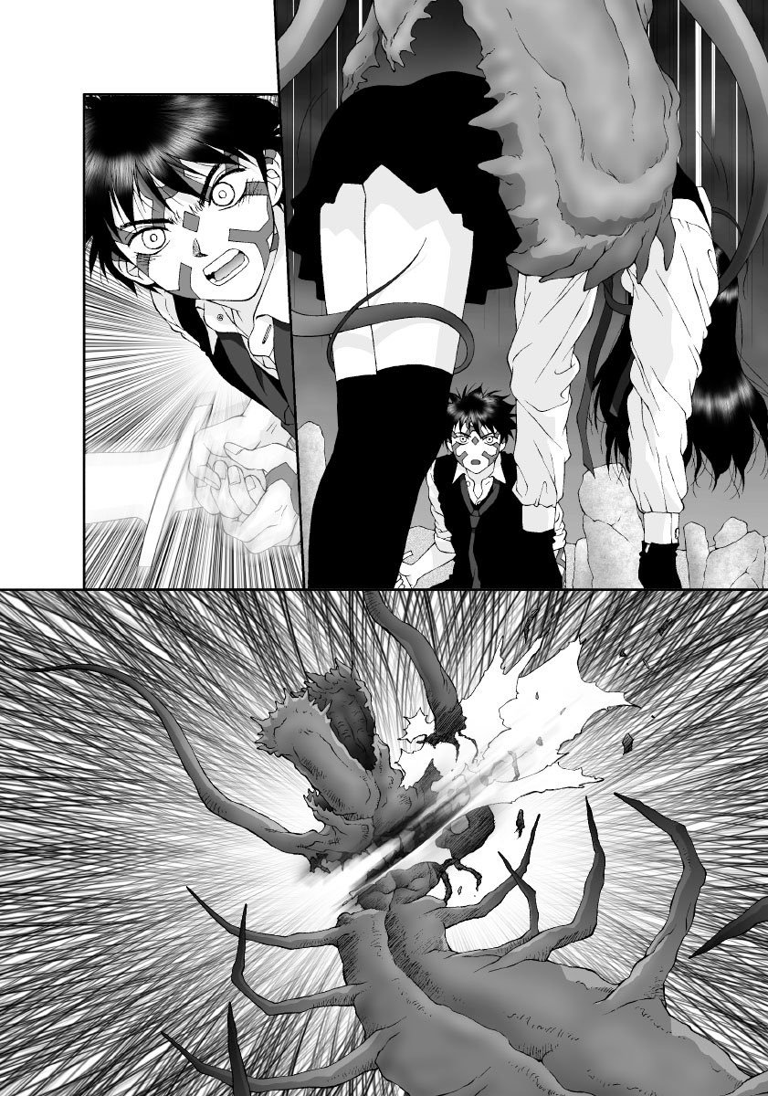 オイラの単行本「かごめかごめ」から
台詞フキダシ擬音無し絵その,31
この頃の絵は、ちょっと効果使い過ぎで読みにくくなってないか心配でした(^^;;
彩色はMacでグレースケールで描画
雑誌掲載、単行本、配信時の液晶画面の画素の問題からモアレを避ける為にスクリーントーンは使用しませんでした