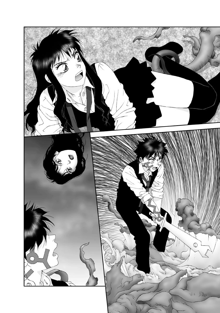 オイラの単行本「かごめかごめ」から
台詞フキダシ擬音無し絵その,31
この頃の絵は、ちょっと効果使い過ぎで読みにくくなってないか心配でした(^^;;
彩色はMacでグレースケールで描画
雑誌掲載、単行本、配信時の液晶画面の画素の問題からモアレを避ける為にスクリーントーンは使用しませんでした