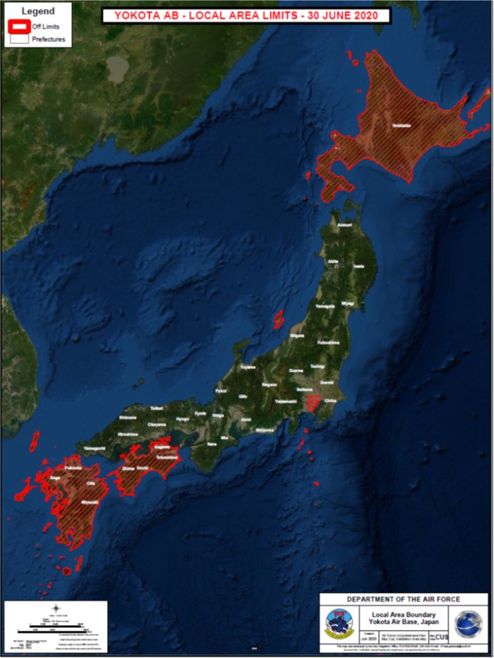 6/30付の「横田基地所属の全人員に対する覚書」に付記された『横田空軍基地に於ける地域制限 - 2020年6月20日付（YOKOTA AB - LOCAL AREA LIMITS - 30 JUNE 2020）』（拙訳）によると、『立ち入りが禁止される場所』は、以下の通りで、沖縄を除く北海道、本州、四国、九州全域と、ほぼ日本全土となる。