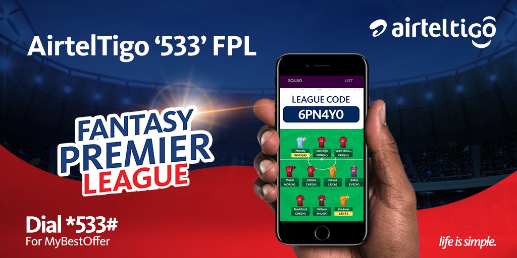 theatghana's tweet photo. How prepared are you with your #FPL team? Few mins to #Deadline time.

Get your team together and be on top of the league standings this weekend. #ATFPL code: 6pn4y0

Simply dial *533# now &amp; choose a special offer made just for you.

#FPLCommunity #AirtelTigoMatchDay #MyBestOffer https://t.co/CB1hqsneNB