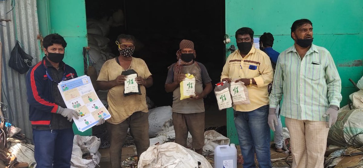 SalmaFahimIAS's tweet photo. With #HGML's CSR support @Hasiru_Dala has taken up Covid 19 awareness and mitigation programs for informal waste workers. They receive kits to stay safe and sanitised and are taught how to handle medical waste that most people are mindlessly discarding mixed with dry waste. https://t.co/LUTE0rWpMG