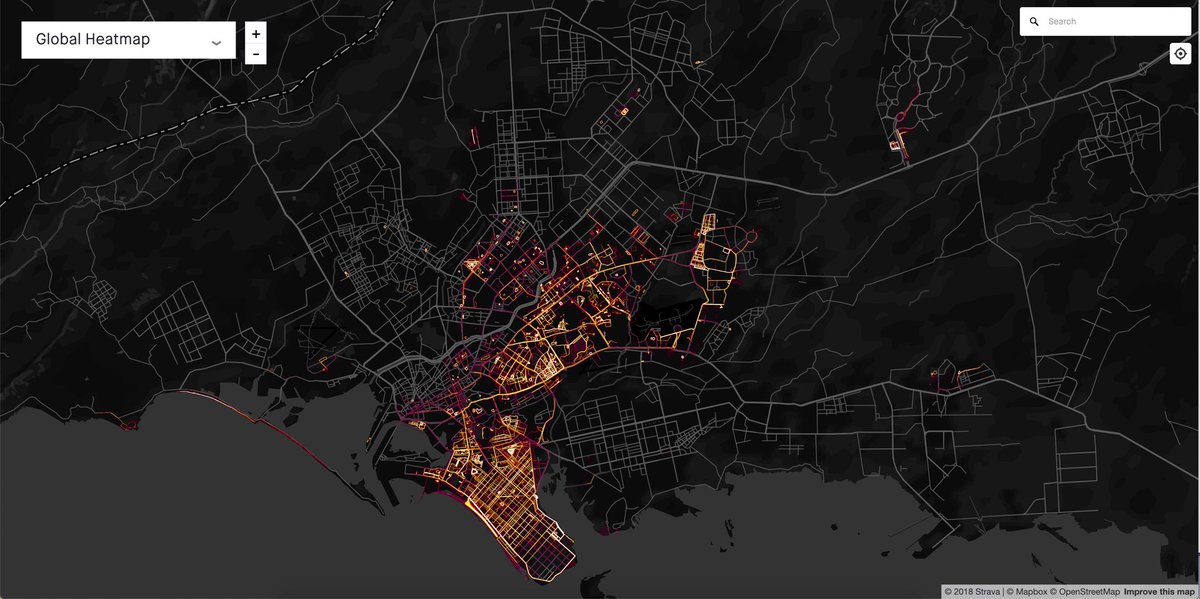 Now, running . When you switch to the running-only heat map, a slightly different city emerges. This one is mostly WITHIN neighbourhoods, as opposed to major roads.