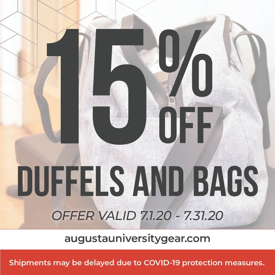 Take 15% off ⁦<a href="/AUG_University/">Augusta University</a>⁩ ⁦<a href="/AugustaJags/">AugustaJags</a>⁩ &amp; ⁦<a href="/AUG_Alumni/">AUG Alumni</a>⁩ duffels and bags at augustauniversitygear.com ⁦<a href="/AUG_JAGWIRE/">JAGWIRE</a>⁩