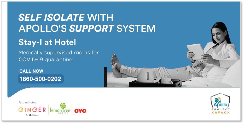 HospitalsApollo's tweet photo. Stay isolated to Break Corona. Opt for Stay - I at Hotel if you are someone who needs to be in quarantine.

#Covid19 #ProjectKavach #Coronavirus #ApolloHospitals #quarantine

For more information visit https://t.co/Km0YITLSjx or call 1860-500-0202 https://t.co/STlIr767DU