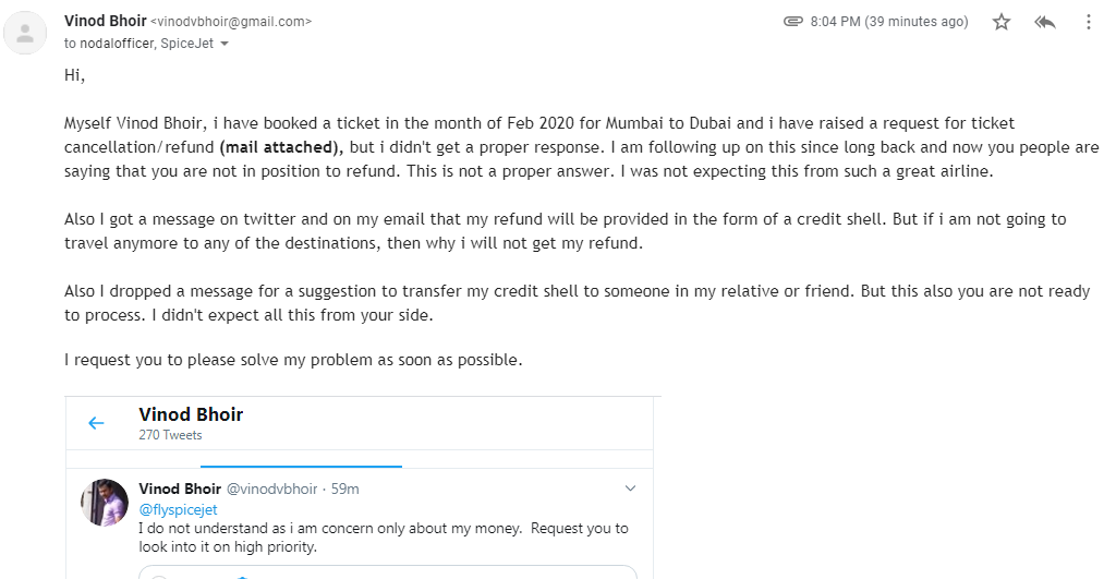 vinodvbhoir's tweet photo. @flyspicejet 
I need an refund or transfer credit shell to any of my friend or relative.  Also i have dropped an email to your Nodal Officer.
#RefundPassengers 
@CNBCTV18News 
@ShereenBhan https://t.co/1SONdxzhsI