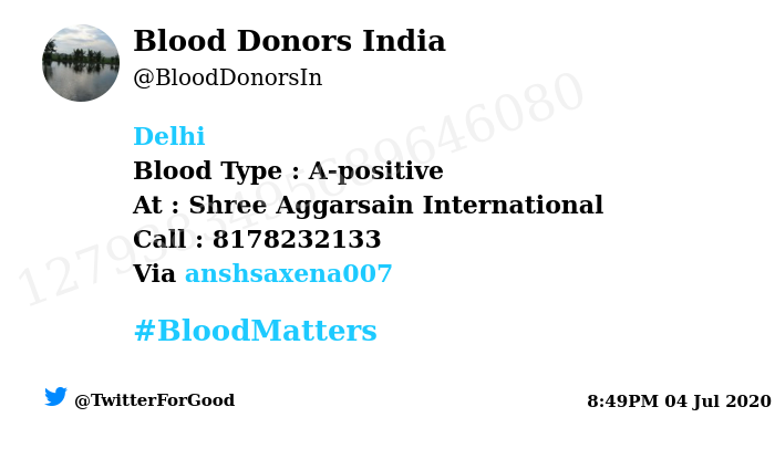 BloodDonorsIn's tweet photo. #Delhi
Need #Blood Type :  A-positive
At : Shree Aggarsain International 
Blood Component : Need Plasma A+ve from #COVID19 recovered patient.
Primary Number : 8178232133
Via: @anshsaxena007
#BloodMatters
Powered by Twitter https://t.co/cV0zbxVveM