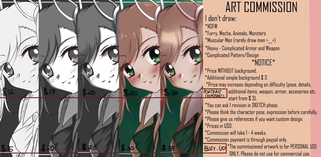 For Hire Anime style commission Commission price start at 40 USD and  might increase depending on the complexity of the order I can do OC and  Fanart preferably waifus My Term of