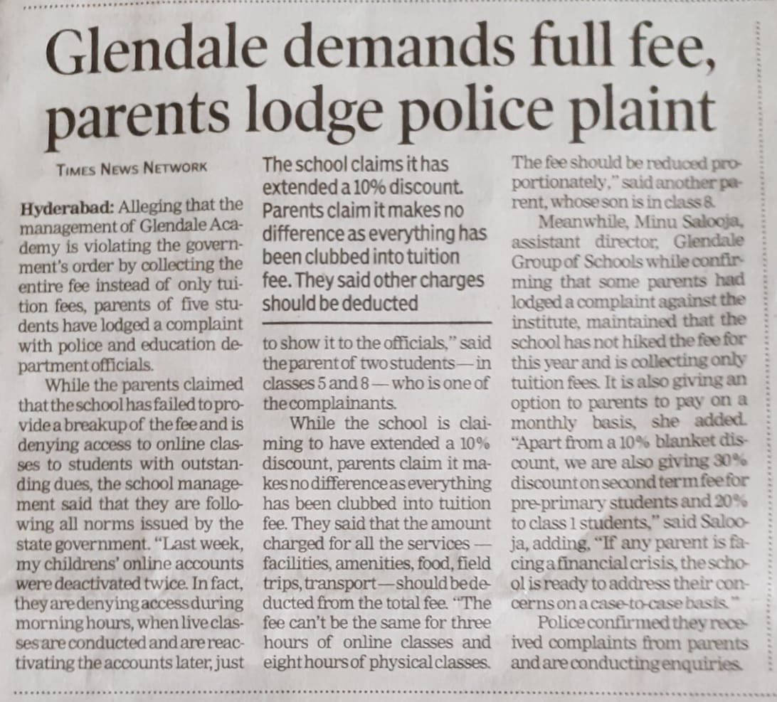 SMARTBVK1's tweet photo. #Glendale print media about Glendale school fees. @TelanganaCMO #KCR Sir  #PrivateSchool does not comply to #GO46 which clearly says #NoFeeHike #OnlyTuitionFee to be collected in #AY2020_21 during #CoronaPandemic #OnlineClasses too https://t.co/THuPYouMmm