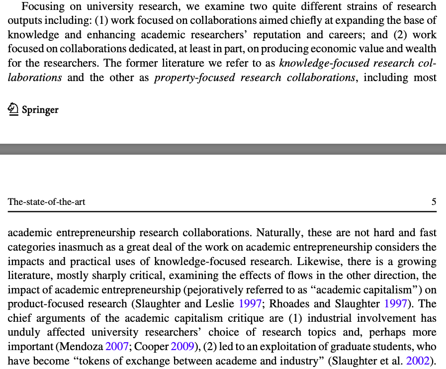This one seems to question the nature of collaboration more boldly – I like it!"Research collaboration in universities and academic entrepreneurship: the-state-of-the-art" http://dx.doi.org.gate3.library.lse.ac.uk/10.1007/s10961-012-9281-8