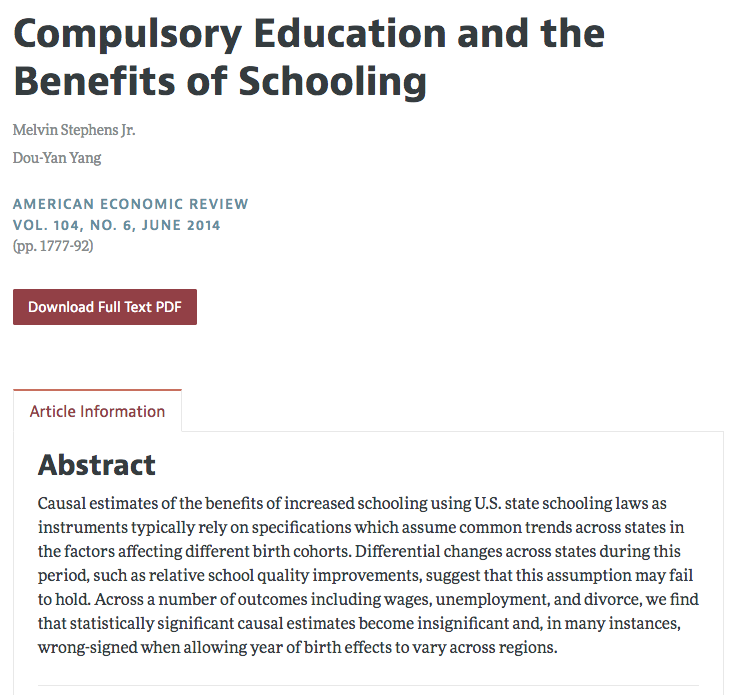 I will pick Stephens & Yang AER paper on estimating the effects of compulsory schooling laws  https://www.aeaweb.org/articles?id=10.1257/aer.104.6.1777