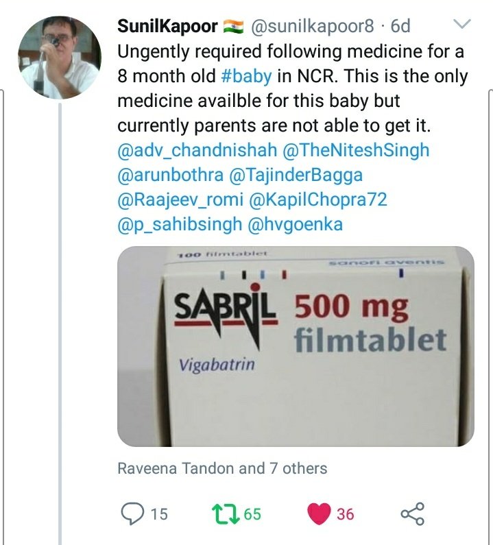 sunilkapoor8's tweet photo. Since #Sabril is not registerd in India, the product is available only in Grey market.
Thnx to #TeamDrHarshvardhan got detail nd msg given to @sanofi.
Anyone can fill d form to import with prescription but limited quantity.I hv given detail to Subodh.His problem is over.🙏
1/2 https://t.co/mk98EafJmj