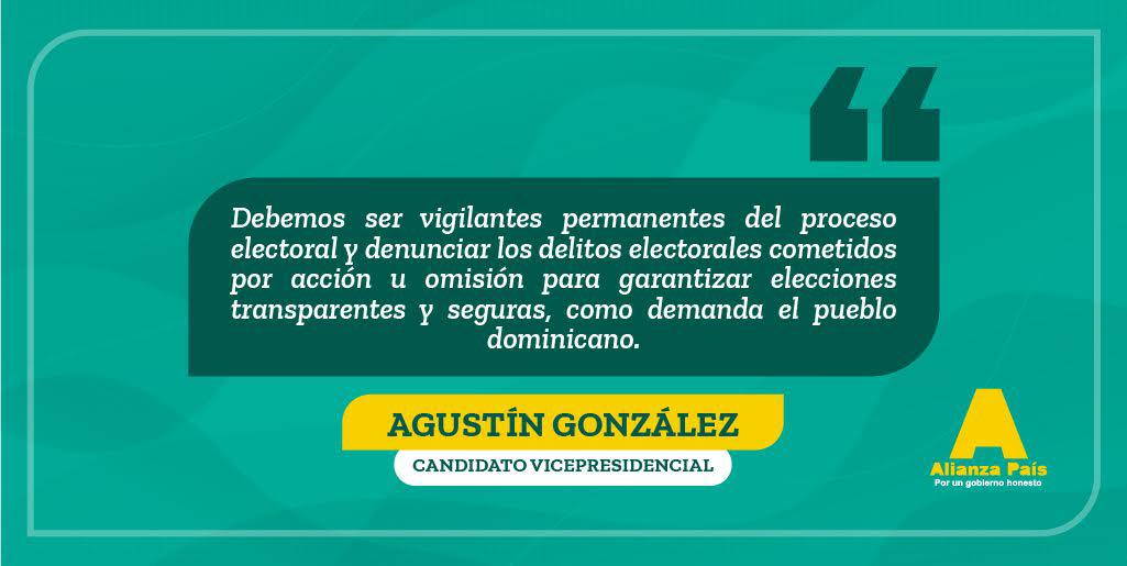 AgustinGlezvice's tweet photo. Mañana con Alianza País se instala la construcción de un nuevo orden democrático en nuestro país. 🇩🇴 Para lograrlo necesitamos elecciones limpias y transparentes, no te quedes callado, se vigilante y denuncia cualquier acto fraudulento. https://t.co/o7nZZFwnVt