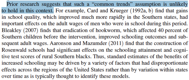 Specifically, changes in school quality across states and regions, the eradication of hookworm, and the construction of Rosenwald schools are all possible confounding factors that may not have been adequately accounted for in the previous literature