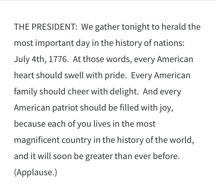 @washingtonpost vs. the opening “We gather tonight to herald the most important day in the history of nations: July 4th, 1776. At those words, every American heart should swell with pride.“