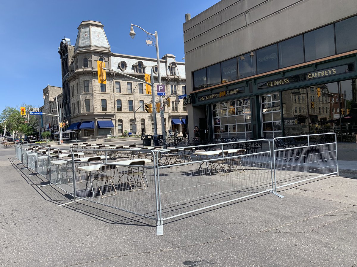 CamGuthrie's tweet photo. @BrothersBrewery and other businesses prepping the tables to be six feet apart for @DowntownGuelph #Guelph’s first #DiningDistrict this weekend! #OpeningSafely #SupportLocal #Guelph! #Jobs https://t.co/FzyFU8WDNs