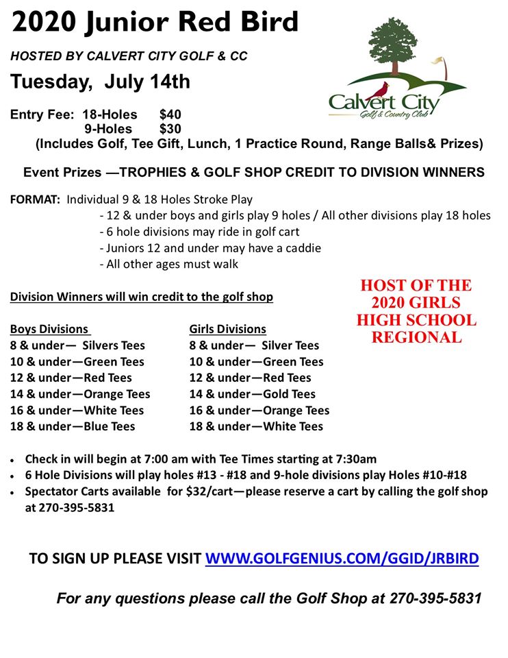 golfcalvert's tweet photo. One of the best Junior Golf Tournaments in Western Kentucky is coming up on July the 18th! Make sure to register for the 2020 Junior Red Bird! See the flyer for more details! https://t.co/c5QsedvDwX