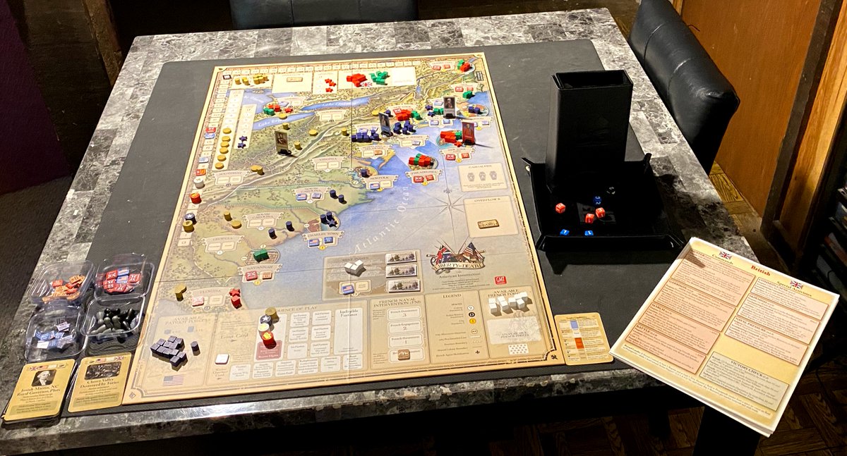 cbell23's tweet photo. Hey look: its @gmtgames Liberty or Death, The American Insurrection, designed by @HBuchanan2 art direction by @RBMStudio1. With a dice tower from @MetalDiceGames . My favorite game to set up because of the outstanding artwork and component design. https://t.co/dVjAlLIN8d