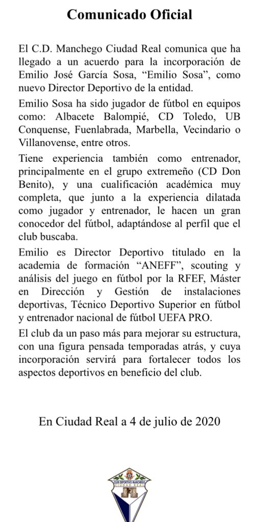 CDManchegoCReal's tweet photo. ‼️OFICIAL: Emilio José García Sosa, “EMILIO SOSA”, Director Deportivo de nuestro club🔵⚪️‼️👇🏻👇🏻

@EmiGarciaSosa 🙌🏻🙌🏻 https://t.co/71Ks809rFS