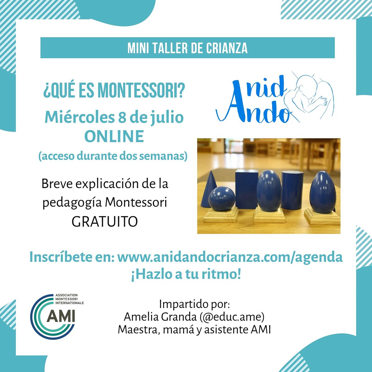 AnidAndocrianza's tweet photo. Nueva entrega del mini taller sobre pedagogía Montessori, aprenderemos qué es y en qué consiste.
Podréis acceder a él durante dos semanas.
Ya podéis inscribiros en https://t.co/7JgSvtRYPN
¡Animaos!
#taller #montessori #pedagogia #pedagogiamontessori #minitaller #crianza #educar https://t.co/r6AhoIZrKW